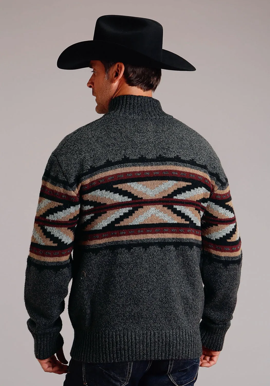 Stetson Mens Arrow Border Grey Cotton/Wool L/S Cardigan Sweater