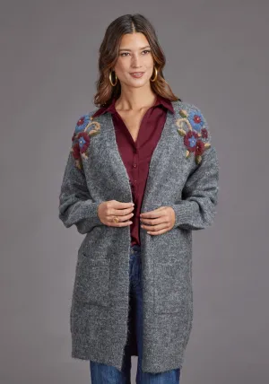 Stetson Womens Floral Embroidered Grey Acrylic Blend Cardigan Sweater